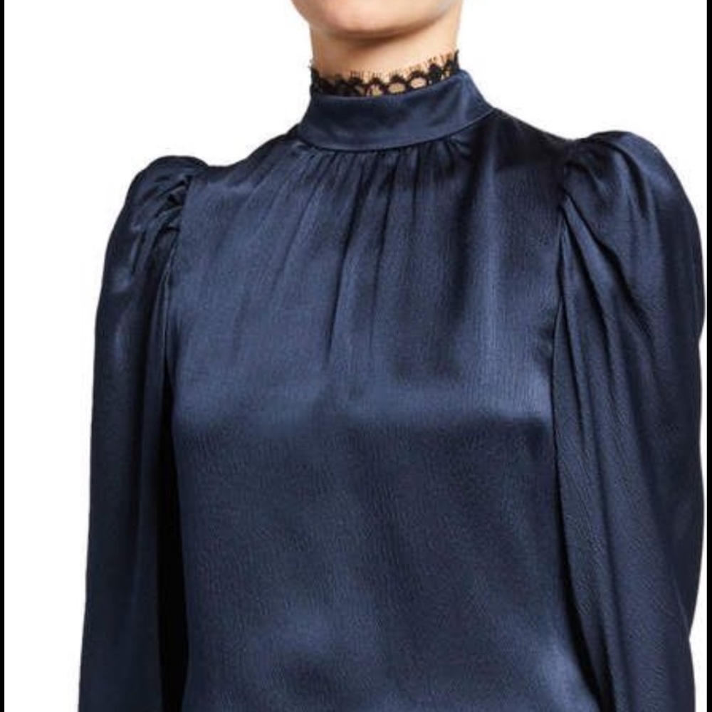 Frame 100% Silk Lace Cuff Blouse Navy S NWT